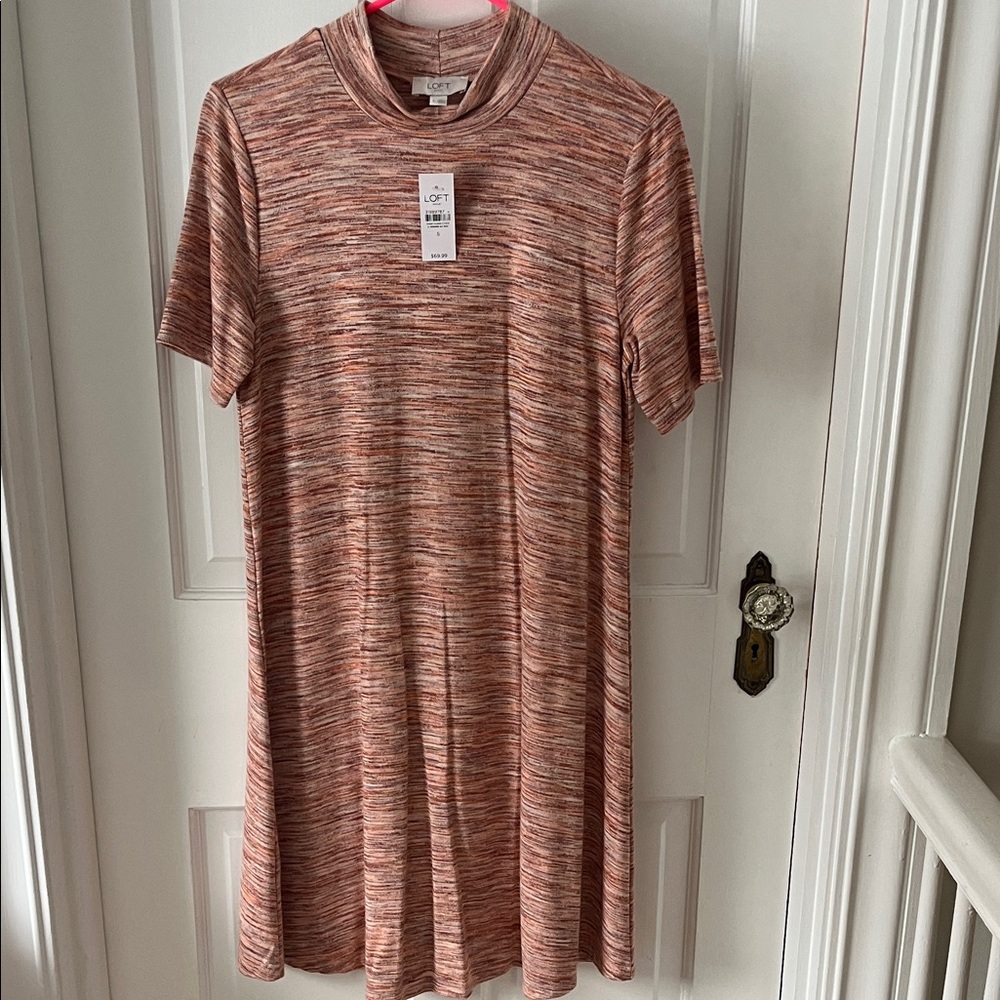LOFT Rust & Cream Asymmetrical Short Sleeve Dress